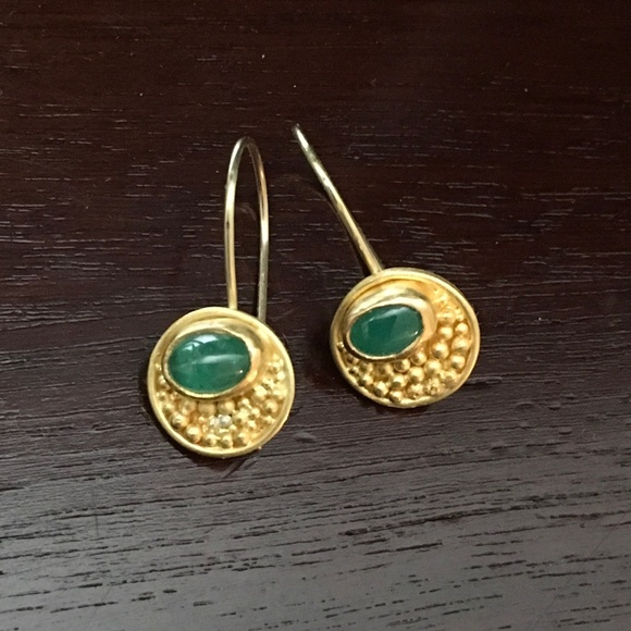22K Gold Granulated Emerald Cabochon Drop EarrIngs - Picture 6 of 8